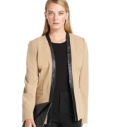 Calvin Klein's jacket is sheath with an open-front silhouette and faux leather trim at the placket and neck.