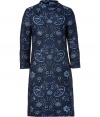 Work a note of vintage glamour into your elegant evening look with Issas shimmering metallic knit paisley print shift dress - Stand-up collar, 3/4 sleeves, pull-over style - Straight silhouette, mini-length - Team with shimmering flats and ladylike accessories