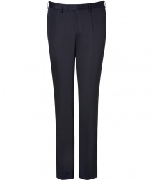 Elegant pant in fine, pure dark blue wool - Lighter weight fabric drapes beautifully - Slim, classic straight cut - Crease detail from hip to hem flatters and lengthens the leg - tab waist with belt loops - Pockets at sides, welt pockets at rear - Sleek and versatile, ideal for both work and play - Pair with a button down and blazer, or go for a more casual look with a t-shirt and cashmere pullover