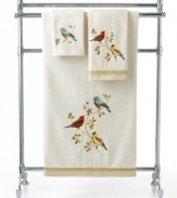 A touch of Spring. Featuring intricately embroidered birds on pure cotton, Avanti's Gilded Birds washcloth accents your space with an air of elegance perfect in any season. Sheared velour face; terry reverse.