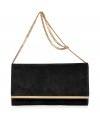 Classic with a modern twist, this luxe suede clutch from Emilio Pucci will pair effortlessly with your cocktail-ready looks - Classic envelope shape, front flap with gold-toned logo hardware trim and chain shoulder strap - Wear with a cocktail-ready frock, sky-high heels, and a statement ring