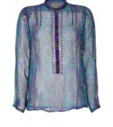 Elegant top made ​.​.of fine, slightly transparent silk chiffon - Stylish print in purple and aqua blue in slim cut, with high neck and long button mini-placket - Favorite, lighthearted top fits well with white capris, pencil skirts or flared jeans