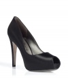 Classic black satin peep-toe platform pumps - These sophisticated platform pumps are sexy and stylish - Versatile and luxurious, these shoes are a must for every wardrobe - Pair with a pencil skirt and a tailored blouse for updated office chic - Try with a color block mini-dress and a boyfriend blazer