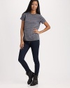 Comfy, timeless cotton-blend crewneck in allover skinny stripes. CrewneckShort sleeves87% polyester/13% cottonMachineImported