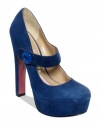 Paris Hilton's Mia platform pumps are cute and chunky with a decorative button closure on the pretty Mary Jane strap.