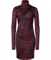 Sexy wrap dress makes a statement at your next cocktail party - Made of fine patterned wool-blend in rich claret and black - Feminine slim silhouette with elegant draping effect - Stand collar, long slim sleeves and tight pencil skirt - Wear with chandelier earrings, blazer, heels and a clutch