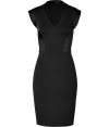 Tailored to perfection in chic jet black, Halston Heritages paneled black sheath is an ultra modern take on the Little Black Dress - V-neckline, cap sleeves, tonal satin side inserts, hidden side zip, kick pleat - Form-fitting, tailored silhouette - Team with ankle boots and statement accessories