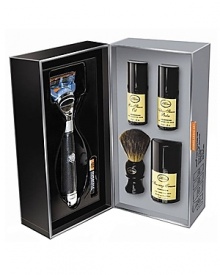 The Fusion Chrome Power Shave Collection features the world's most technologically advanced razor and includes bonus travel sizes of The 4 Elements of the Perfect Shave®: pre-shave oil (1 oz.), shaving cream (1.7 oz.), genuine badger shaving brush and after-shave balm (1 oz.), packaged in an elegant gift presentation.A $200 value.