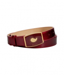 Cinch your look in style with this luxe red leather belt from Etro - Bold embossed red leather with gold-tone and red logo belt - Style with flared jeans, a boho-inspired top, and ankle boots