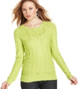 A cable-knit sweater with slub-knit design, this long sleeve layer from Say What? provides classic style to your day look.