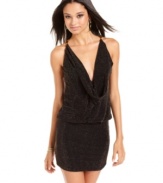 Sizzle in Baby Phat's daring, metallic-flecked party dress. Featuring a plunging neckline and gold-tone chain straps at the back, this dress puts all of the attention on you.