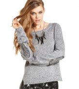 Material Girl's marled-knit sweater makes us weak in the knees! We love the sequin elbow-patches and trend-right high-low design.