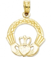 A symbol of love, this stunning cut-out Claddagh charm makes the perfect gift for a special someone. Crafted in 14k gold. Chain not included. Approximate length: 4/5 inch. Approximate width: 3/5 inch.