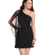 Dark lace falls mysteriously over a classic a-line shape on this dress from Sugar & Spice that's designed to intrigue!