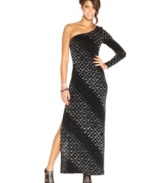 Jump's sparkly one-shoulder maxi dress is jazzed up with a fun geometric print, a flirty front slit, and an elegant single long-sleeve design!