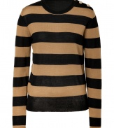 Trend-favorite stripes get a chic city revamp with By Malene Birgers black and camel pullover, detailed in lightweight wool perfect for transitioning into the new season - Rounded neckline, long sleeves, rolled cuffs, matte finish gold-toned buttons, fine ribbed trim, classic slim fit - Pair with opaque tights and form-fitting skirts for work, or try with favorite skinnies and flats on the weekend