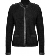 Stylish blazer jacket in a black mohair-nylon-wool blend - Absolute top quality, looks luxurious, elegant AND cool - Typical blazer cut with rocking biker jacket elements - A trendy mix that can be worn for many occasions - Short, straight and slightly fitted cut with long, slim sleeves - With leather cuffs, trim, belted shoulders, stand collar, pockets - A wonderful new basic for the office AND parties