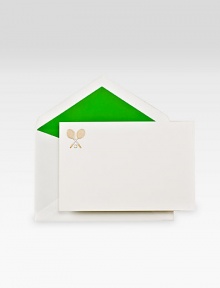 For the pro or aficionado, this set of 15 cotton cards features a gilded, hand-engraved tennis theme. Kelly green-lined envelopes offer a bright touch to the set. Perfect gift idea4.25W X 6.4HMade in USA