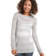 Sheer stripes and a beautifully ribbed neckline add endless charm to this cozy every day sweater from JJ Basics!