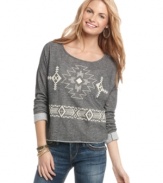 Living Doll rejuvenates the terry pullover with an au-courant print – Aztec! Pair the sweatshirt with your fave jeans for a casual look that has tribal appeal!