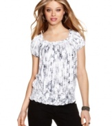 Cute is the name of the game with this Sequin Hearts' top -- a combo of blouson style and eye-catching sublimation print!