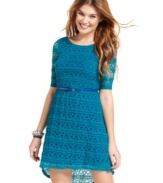 Incorporate lace into your daytime closet with Sequin Hearts' scoop-back high-low dress!