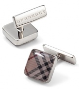 Square, borderless cufflinks with beat check pattern. Logo stamped on back of clasp closure.