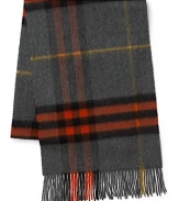 Crafted in luxurious cashmere in rich autumnal tones, this essential scarf brings depth to your fall wardrobe.