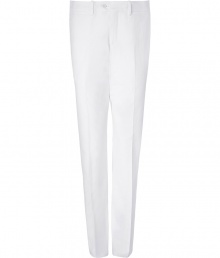 Stylish pant in fine, white cotton and linen blend - Lightweight and soft, feels great against the skin - Slim, narrow cut - Crease detail extends from upper thigh to hem, elongating the silhouette - Tab waist with belt loops and zip fly - Two slit pockets at front, single slit pocket with button at back - A modern, sophisticated classic ideal for work or leisure - Pair with a polo shirt and retro trainers or style with a blazer and dressier lace-ups