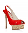 Channel retro starlet style in these sultry heels from Le Silla - Front cork platform and high stiletto cork heel, peep-toe style, supple red suede upper - Style with a ladylike sheath dress, fishnets, and a slim trench