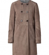 With a dusting of exquisitely luxurious cocoa-colored suede, Brunello Cucinellis double-breasted coat lends an immaculate polish to every outfit - Collarless, long sleeves, belted cuffs, double-breasted button-down front, side slit pockets, back sash, grey heather jersey lining - Tailored fit - Wear with leather leggings, a crisp button-down and ankle boots