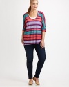 Brightly striped, an easy pullover with modern elbow-length sleeves.V-neckElbow-length sleevesPull-on styleAbout 29 from shoulder to hemMicro modalDry cleanMade in USA