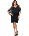 Xscape delivers a plus size dress that combines the best of two silhouettes-a sheer bodice features a blouson-style fit that's balanced by a pleated skirt with curve-hugging appeal. (Clearance)