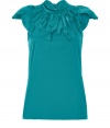 Raise the bar on contemporary classics with Steffen Schrauts elegant turquoise silk stretch top -  Butterfly cap sleeves and decorative fringe trim at neckline - Small stand up collar ties at back with an oversize bow - Fitted, feminine silhouette tapers gently through waist - Pair a blazer or denim jacket and style with with pencil skirts, skinny denim or dress trousers