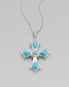 This cross of vibrant turquoise is framed in sterling silver and punctuated by luminous diamonds.Diamond, 0.15 tcw Sterling silver Pendant length, about 2½ ImportedPlease note: Chain sold separately 