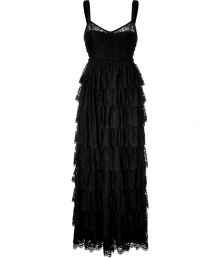 Luxe maxi dress in fine, black synthetic fiber blend - Gorgeous, multi-tier lace overlay - Shirred bustier with slim straps and sheer detail at d?colletage - Straight, floor-length skirt - Zips at back - Fitted and ultra-feminine, a knockout for parties and events - Pair with strappy sandals and a colorful clutch