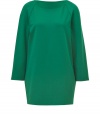 Quietly elegant and preppy-polished, Jil Sanders bright green mini-dress ups the ante on minimalist chic - Straight, slightly boxy silhouette tapers slightly through hips - Flattering round neck and 3/4 raglan-style sleeves - Longer cut hits mid thigh, hem hangs longer in the back - Pair with pencil skirts, cigarette pants or slim-cut trousers