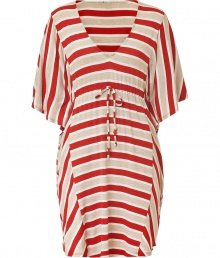 Up the ante on casual summer basics with this classically chic caftan top from Ella Moss - Super-soft, flattering rayon stretch blend in a vibrant cherry stripe - Billowy, dolman-style top with short sleeves, deep v-neck and gathered tie waist - Relaxed cut hits above the knee - Ideal for beach layering on top of a bikini with leather sandals, or for pairing with skinny denim and ballet flats