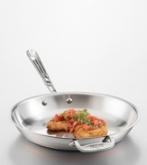 This 12 copper core fry pan offers superb heat conductivity and distribution. You won't get hot spots, so food cooks evenly. Stainless steel exterior layer with a band of copper for accent. The pan has a copper core surrounded by two layers of aluminum and a stainless steel cooking surface. Polished stainless steel handles stay cool during cooking and are secured with sturdy, non-corrosive rivets. Hand wash, as dishwasher use will deteriorate the pan's exterior beauty.