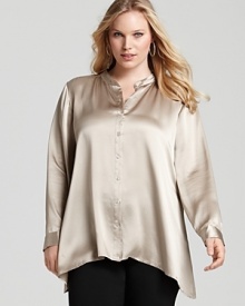 Flowing silk charmeuse softly caresses the relaxed silhouette of this Eileen Fisher boxy shirt, designed for everyday ease and comfort.