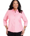 Jones New York Signature's three-quarter sleeve plus size shirt is an essential for classic style-- dress it up with trousers or down with denim!