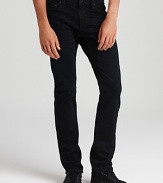 J Brand dresses up slim cut jeans with a rich, dark wash for denim that's fit for running errands or a night on the town.