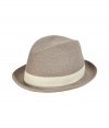 Stylish hat in fine, sand-colored woven viscose - A modern spin on the classic Trilby - Chic contrast cream trim - An elegant, go-to accessory this season and an indispensable warm weather must - Pair with button downs, t-shirts and Bermudas or linen pants