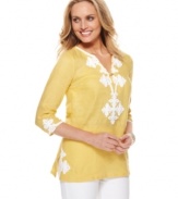 Charter Club offers a springtime look with thoughtful details you'll love. Appliques at the neckline, cuffs and hem of this fresh tunic recall artisan-inspired charm.