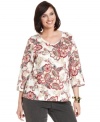 Pair your favorite jeans with Karen Scott's three-quarter-sleeve plus size top, featuring a beautiful floral print.