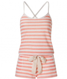 Light-hearted jumpsuit in fine poly-cotton blend is a sweet mix of casual and sexy - Features summer peach and white stripes - Narrow top with love cut back and cross straps - Short-shorts with drawstring waist and pockets - Wear with simple thong sandals at the beach, around town or on vacation