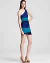 Featuring intricate pleating and bold color-blocking, this BCBGMAXAZRIA one-shoulder dress proves that fantastic style is all in the details.