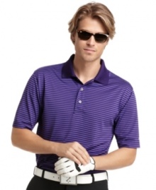 Make the day's outside activities predictably comfortable with this Izod polo shirt featuring moisture wicking and a UV finish for sun protection.