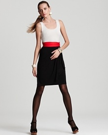 A red sash at the waist ties this DKNYC color block dress together, creating a polished, on-trend look for both day and evening.