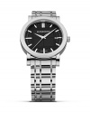 Burberry large check bracelet watch with black dial. Stainless steel check inspired bracelet watch with black contoured dial. Date function. Water resistant to 5 atm.